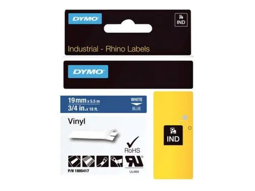 Dymo Tape Rhinopro Permanent Vinyl 19mm Hvit/blå