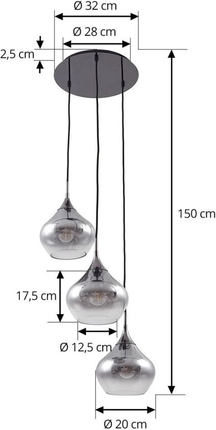 Jarven hengelampe, 3 lyskilder, svart, glass