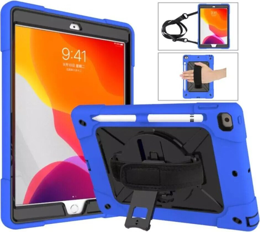 iPad 10.2" (2021 / 2020 / 2019) Håndverker Deksel m. Grep & Skulderstropp - Blå / Svart