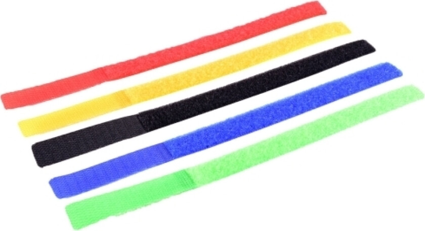 18-10003, Hook & Loop Cable Tie, Velcro Mappe, Sort, Blå, Grønn, Rød, Gult, 21,5 Cm, 16 Mm, 5 Stykker