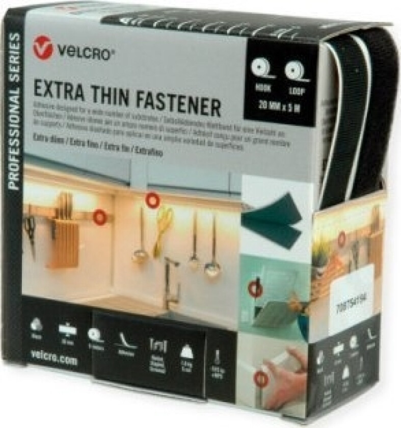 Borrelås Velcro Ekstra Tynn Borrelås 5M Tape Med Kroker 5M Tape Med Hemper, Borrelås 20Mm Svart