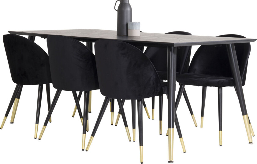 Dipp180x90BLBR spisegruppe spisebord svart og 6 Velvet spisestuestoler velour svart, messing dekor.