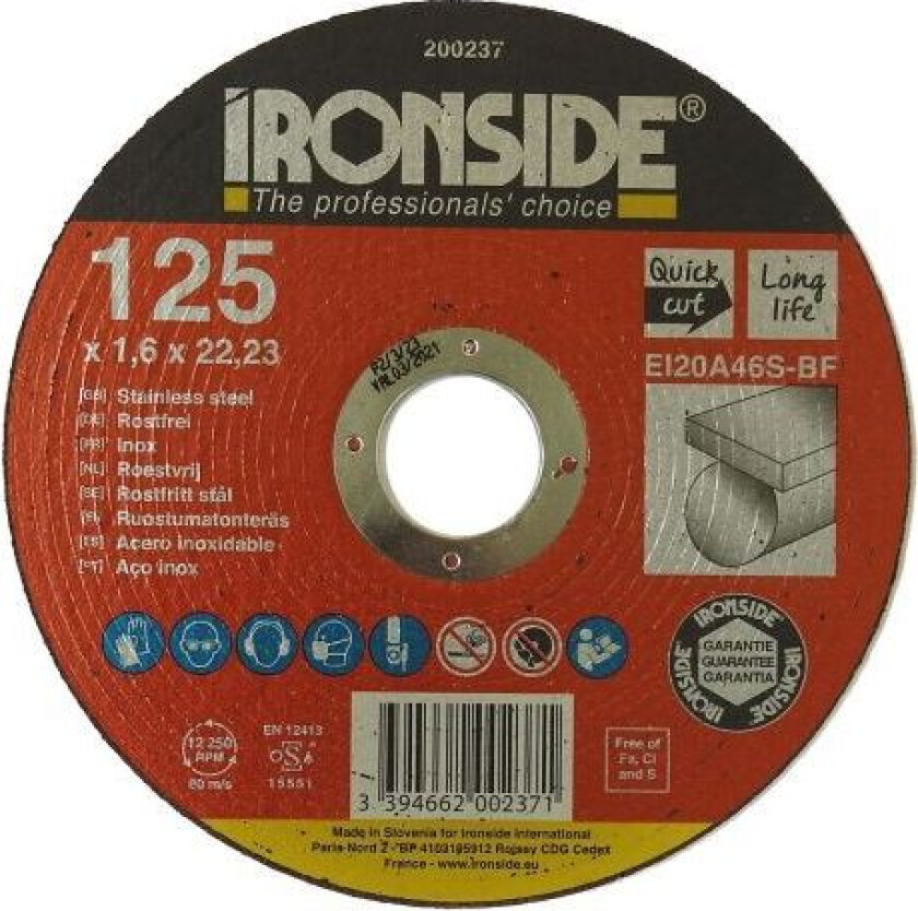 200237 Kappeskive 125 mm, F41, EI20, Inox 125 x 1,6 x 22 mm