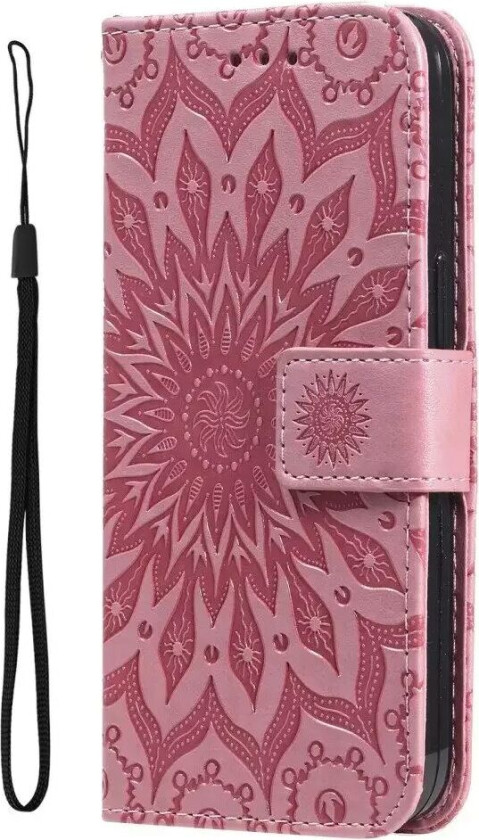 iPhone 15 Pro Max Skinn Deksel med Lommebok og Stropp - Mandala Blomst - Rosa