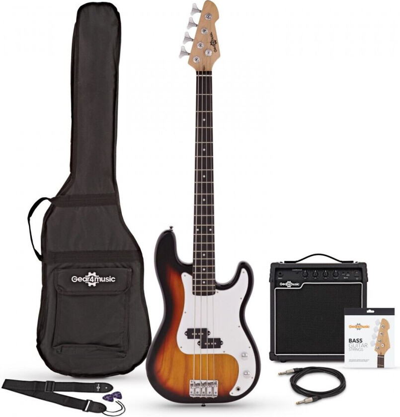 Gear4Music LA Bassgitar + 15W Forsterkerpakke Sunburst