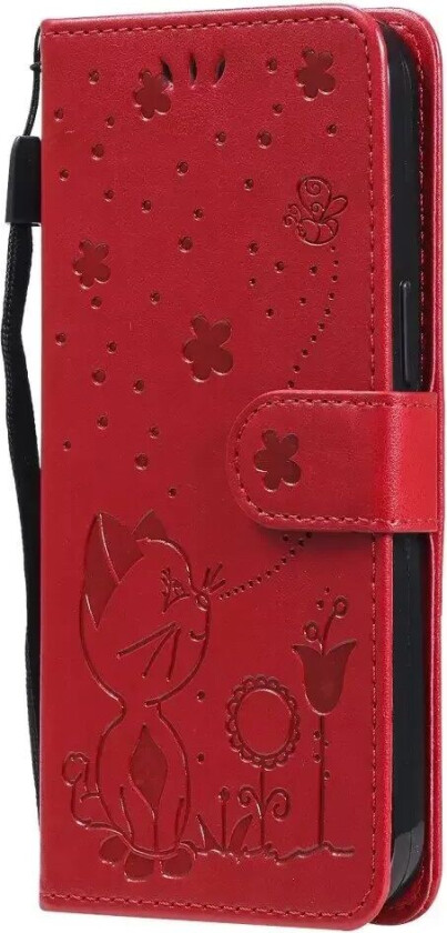 iPhone 15 Flip Deksel i Skinn med Lommebok og Stropp - Kattegravering - Rød