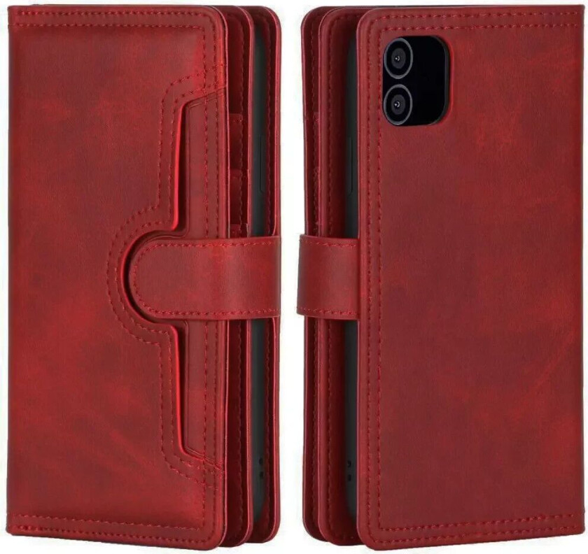 iPhone 12 Pro / 12 Skinn Flip Deksel med stor Lommebok - Rød