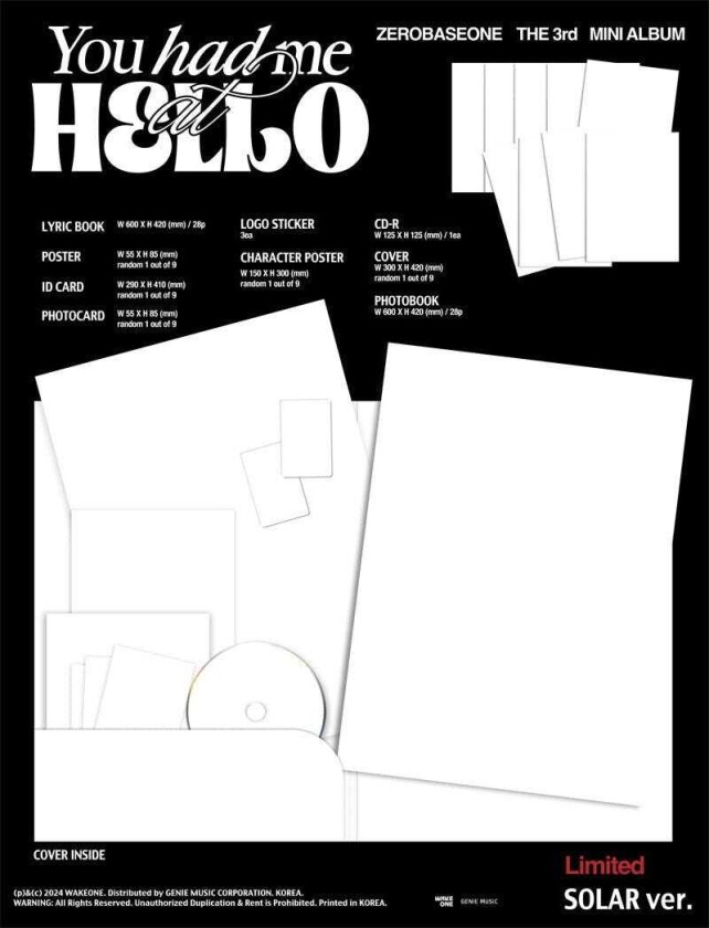 Zerobaseone  You Had Me At Hello  Solar Version  incl. Photobook, Lyric Book, Logo Sticker, Poster, Character Poster, ID Card + Photocard  CD