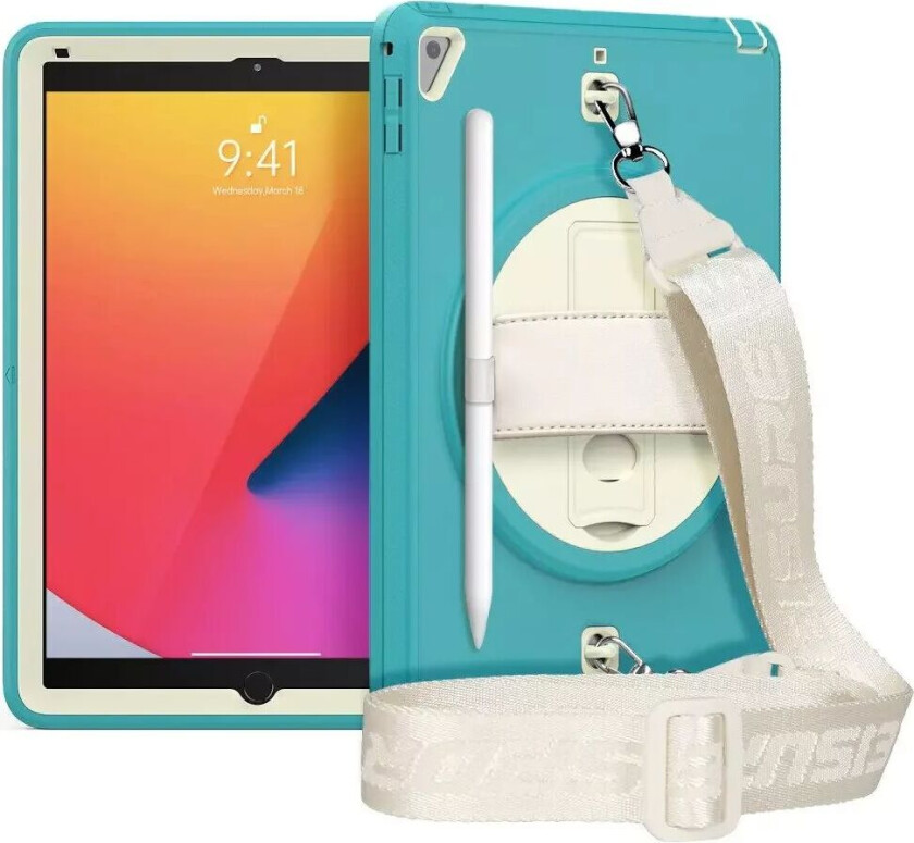 iPad (2018) / iPad (2017) / iPad Air 2 / iPad Pro 9.7" Håndverker Deksel med Håndholder, Skulderstropp og Beskyttelsesfilm - Blå