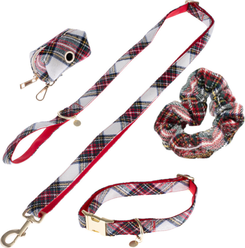 Tartan: Halsbånd, bånd, hundeposedispenser, hårstrikk - Halsbånd M + Bånd + hundeposedispenser + hårstrikk