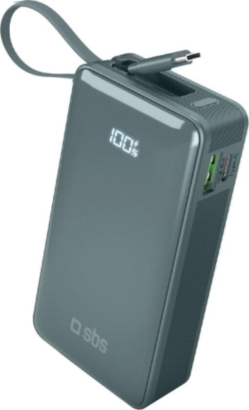 Powerbank Sbs 10000Mah, 20W, Lcd, Integrert Kabel, Lyseblå
