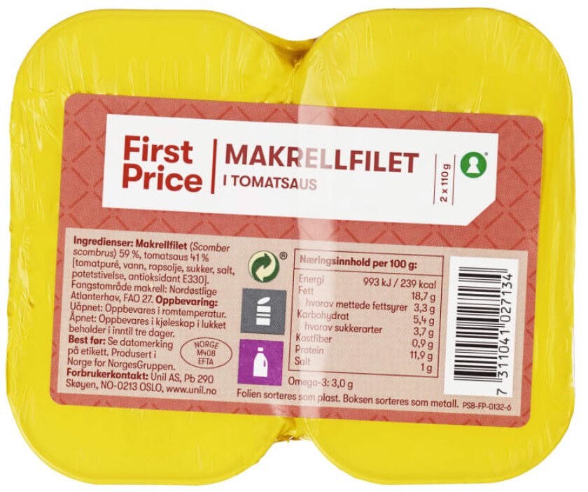 Makrellfilet i Tomat 2x110g