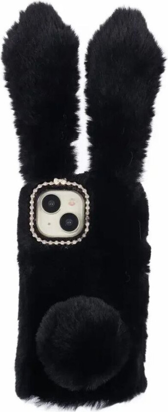 iPhone 15 Fleksibelt Plastbakdeksel m. Pels - Kaninører - Svart
