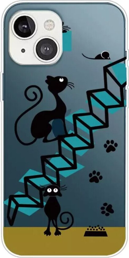 iPhone 14 Fleksibel TPU Plast Bagside Deksel- Gennemsigtig m. Mus & Kat