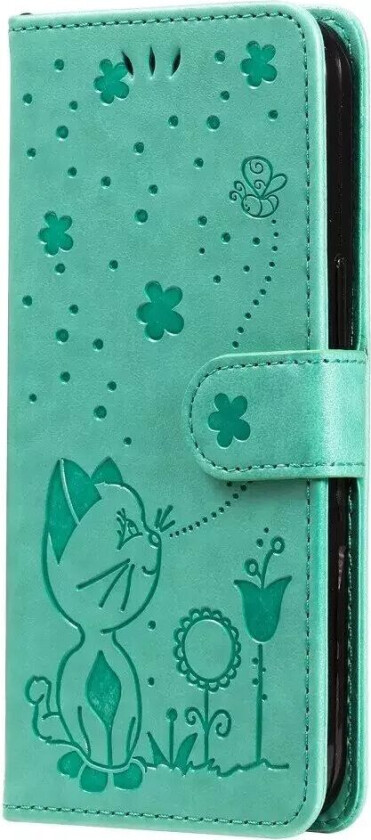 iPhone 15 Pro Flip Deksel i Skinn med Lommebok og Stropp - Kattegravering - Grønn