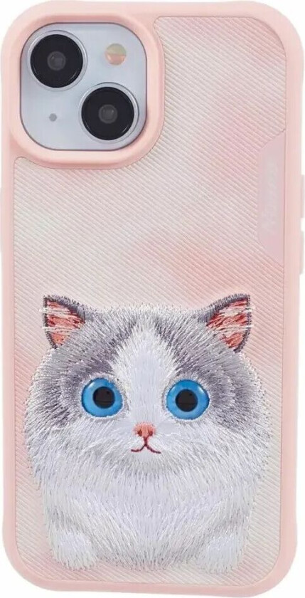 iPhone 15 Hybrid Deksel m. Dyremotiv & Broderi - Grå Katt