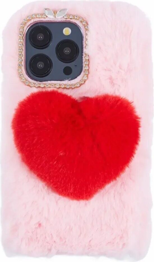 iPhone 15 Pro Fleksibelt Plastbakdeksel m. Pels - Hjerte - Rød / Rosa