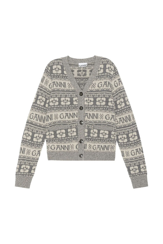 Ganni Logo Wool Mix Cardigan Cardigan Beige Grå  female