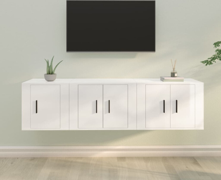 TV-benksett 3 deler høyglans hvit konstruert tre