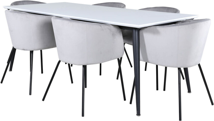 Jimmy195 spisegruppe spisebord uttrekksbord lengde cm 195 / 285 hvit og 6 Berit spisestuestoler velour grå.