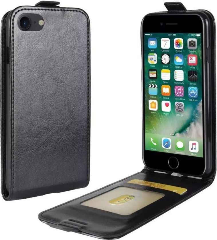 iPhone SE (2022 / 2020) / 8 / 7 Vertikalt Flip Kunst Skinn Deksel med Lommebok - Svart
