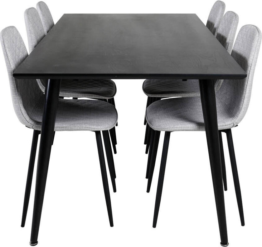 Dipp180x90BLBL spisegruppe spisebord svart og 6 Polar Diamond spisestuestoler grå.