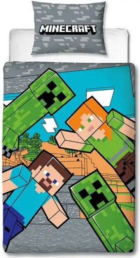 Minecraft sengetøy - 140x200 cm - Creeper sengesett - 2 i 1 design - 100% bomull