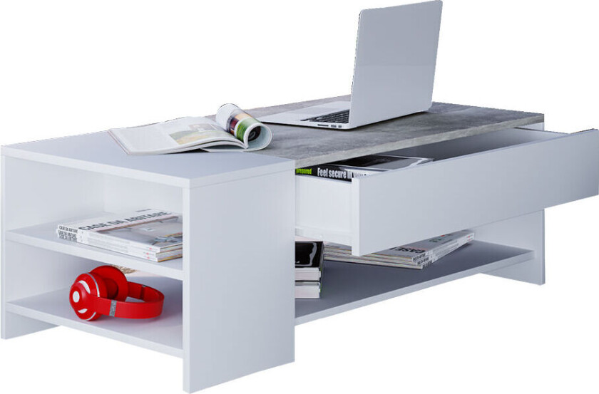 Tindus sofabord 2 skuff, 3 hyller hvitm betong dekor.