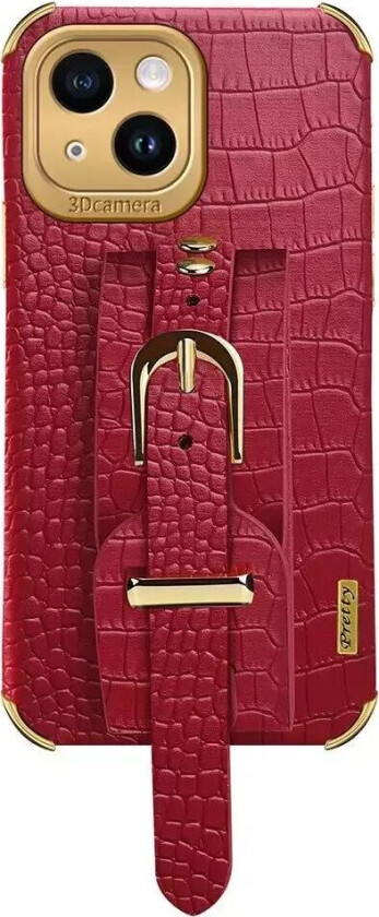 iPhone 14 Krokodilleskinn Deksel m. Innebygd Stropp - Rød