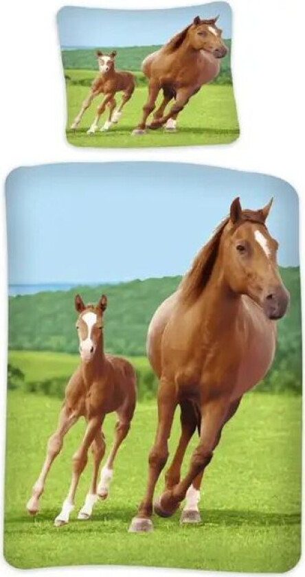 Hestesengetøy - 140x200 cm - sengesett med hester - 2 i 1 design - 100% bomull