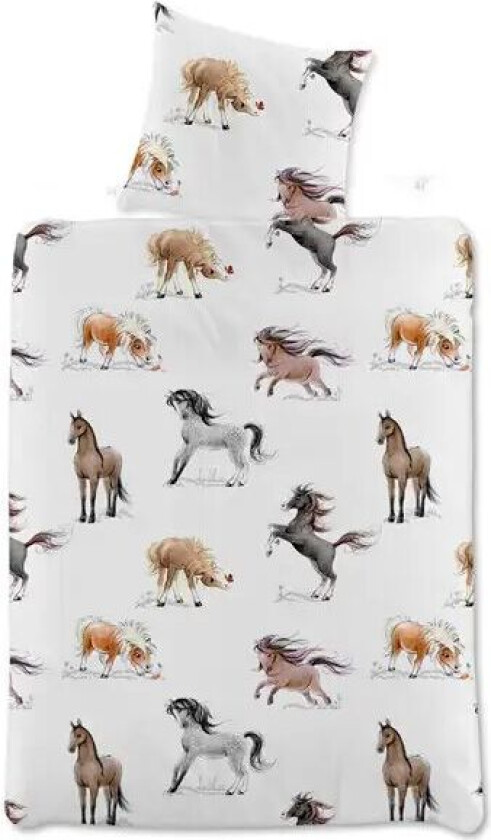 Heste junior sengetøy - 100x140 cm - Junior sengesett med söte hest - 100% bomullsateng