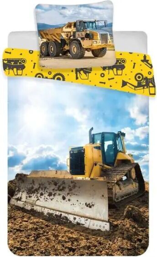 Junior sengetøy - 100x140 cm - Bulldozer - sengesett med 'graver' - 2 i 1 design - 100% bomull