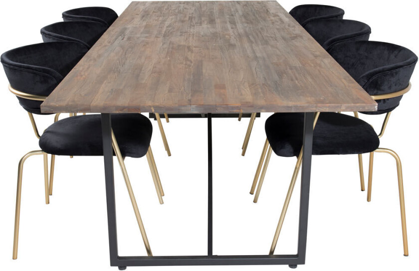 Padang spisegruppe spisebord teak og 6 Arrow spisestuestoler velour svart.