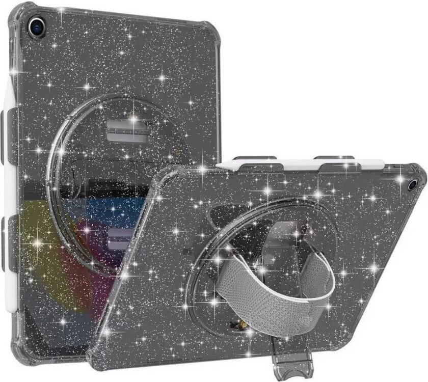 iPad 10.2" (2021 / 2020 / 2019) Hard Plast Deksel m. Håndholder, Kickstand & Skulderrem - Gjennomsiktig / Glitter Svart