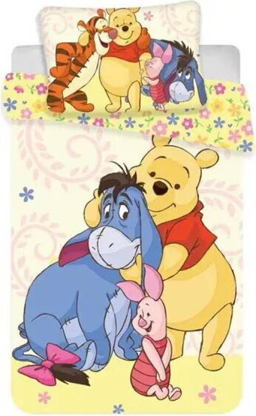 Ole Brumm sengetøy - 100x140 cm - sengesett med Ole brumm og venner - 2 i 1 design - 100% bomull