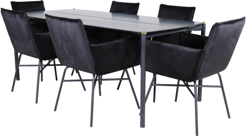 Pelle spisegruppe spisebord svart og 6 Pippi spisestuestoler velour svart.