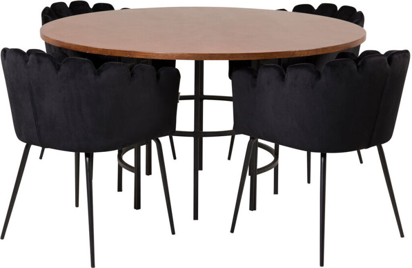 Copenhagen spisegruppe spisebord brun og 4 Limhamn spisestuestoler velour svart.