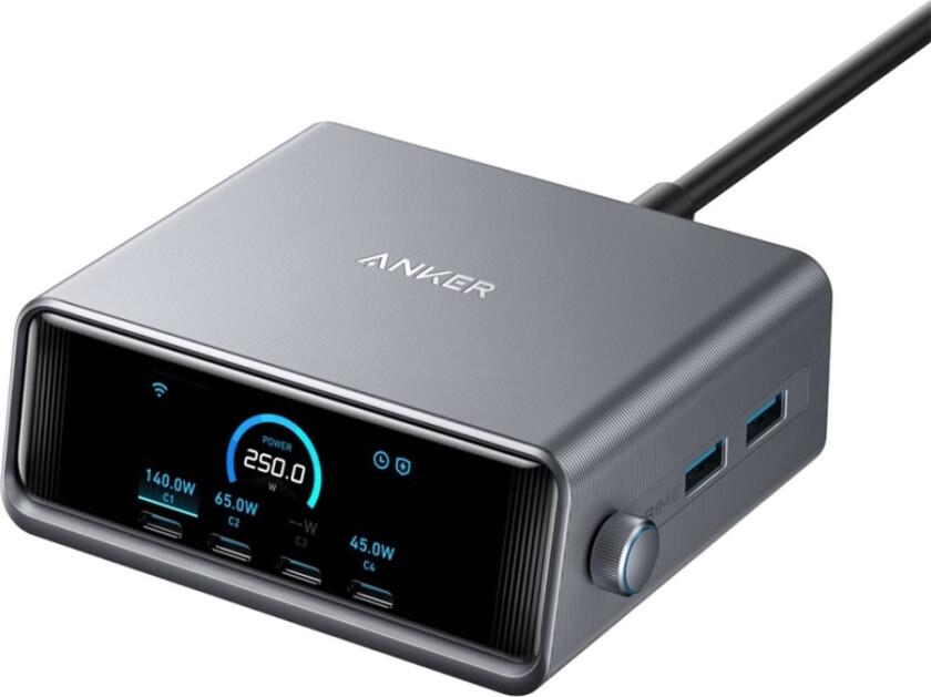 Anker Prime - Strømadapter - Ganprime - 250 Watt - 5 A - 6 Utgangskontakter (4 X Usb-C, 2 X Usb)