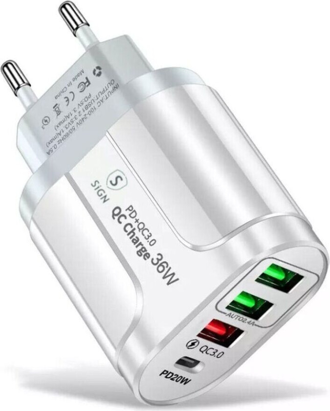 SiGN Hurtiglader USB-C & 3xUSB-A, PD & QC 3.0, 36W - Hvit