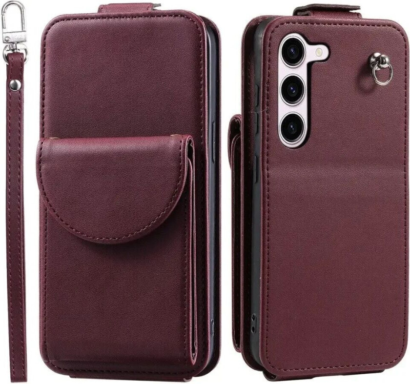 Samsung Galaxy S23 Vertikalt Kunst Skinn Flip Deksel med Lommebok / Ståfunksjon / Stropp - Rød