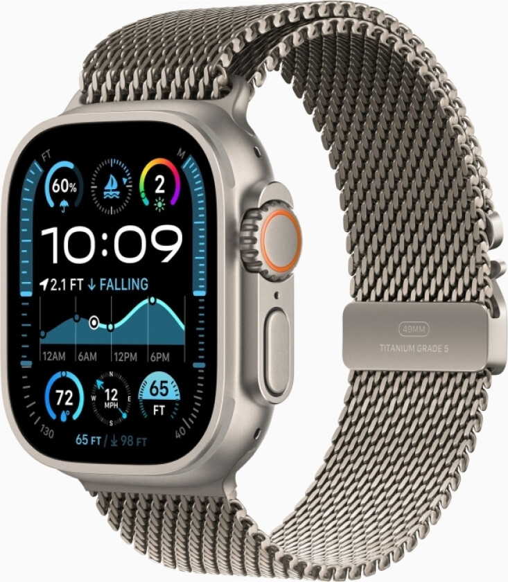 Watch Ultra 2 - 49 Mm - Natural Titanium - Smartklokke Med Fint Strikket Løkke - Båndbredde: L - 64 Gb - Lte, Wi-Fi 4, Uwb, Bluetooth - 4G - 61