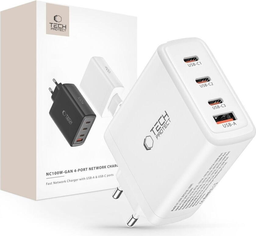 Tech-Protect NC100W-GAN charger GaN 3x USB-C PD 100W / USB-A QC 3.0 - white