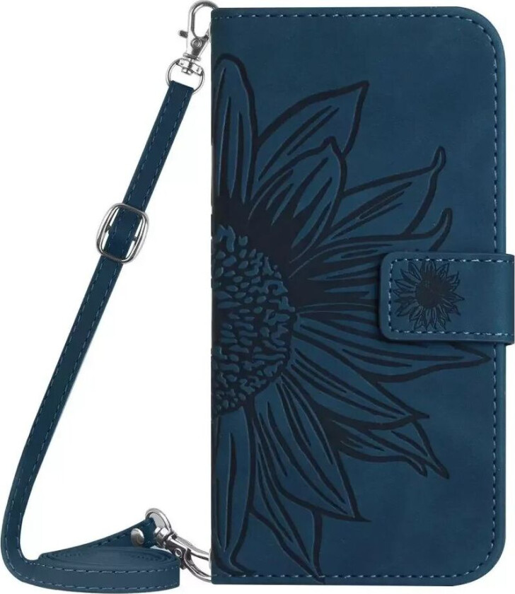 iPhone 15 Kunstskinn Flip Deksel med Lommebok - Solsikke - Mørke Blå