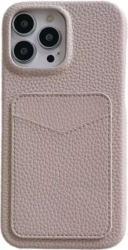 iPhone 15 Litchi Skinndekket Plastdeksel med Kortholder - Beige