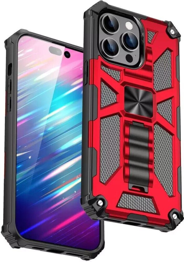 iPhone 14 Pro Max Hybrid Håndverkerdeksel m. Stativ & Magnet - Rød