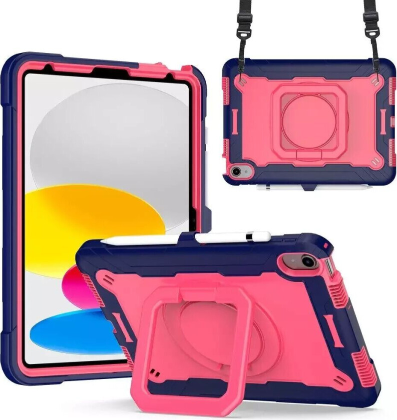 iPad 10.9 (2022) Silikondeksel med 360 Graders Stativ og Bærestropp - Rosa / Blå