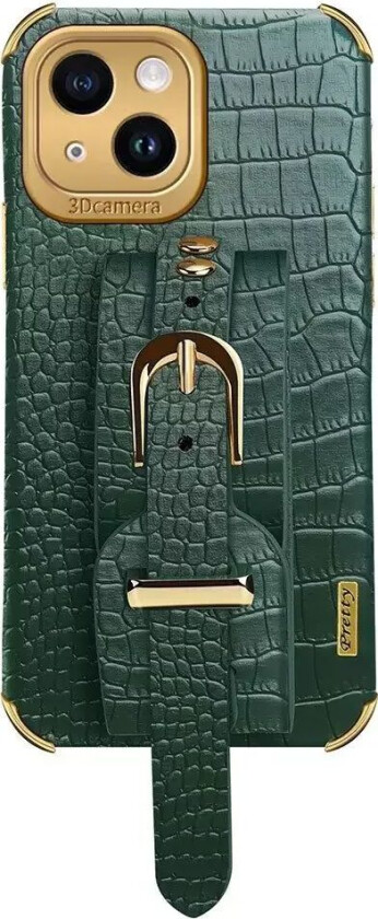 iPhone 14 Krokodilleskinn Deksel m. Innebygd Stropp - Grønn