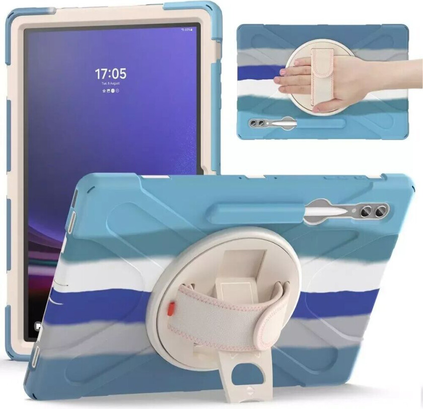 Samsung Galaxy Tab S9 Ultra / S8 Ultra Håndverkerdeksel med Håndholder, Stativ og Pencil Holder - Multi / Blå
