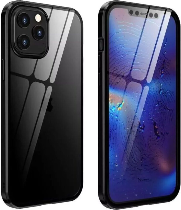 iPhone 12 / 12 Pro 360° Magnetisk Deksel med Glass Bak og Forside - Svart