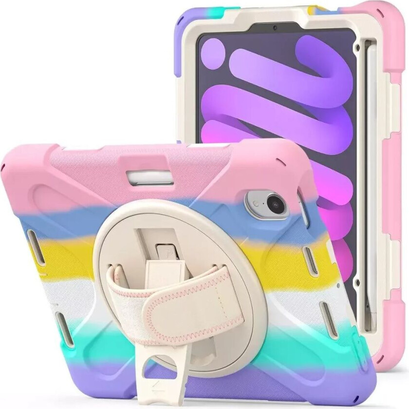 iPad Mini (2021) Slitesterk Barnedeksel med 360⁰ Ståfunksjon & Håndholder - Regnbue V2